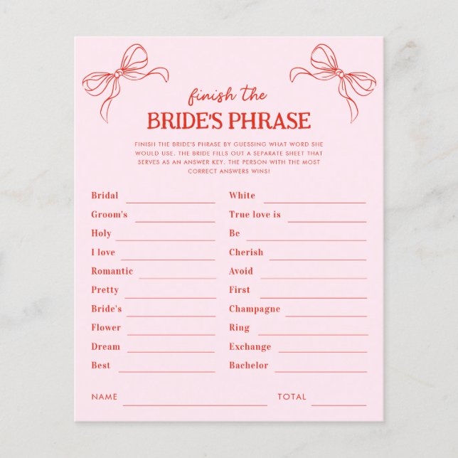 Papier Red & Pink Bow Finish the Bride's Phrase Game (Devant)