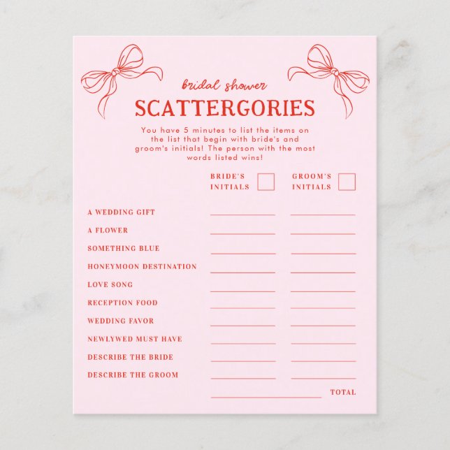 Papier Red Pink Hand Drawn Bow Holiday Scattergories Game (Devant)