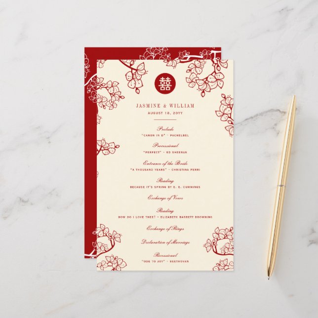 Papier Red Plum Blossoms Double Happiness Wedding Program (Devant/Arrière en situation)