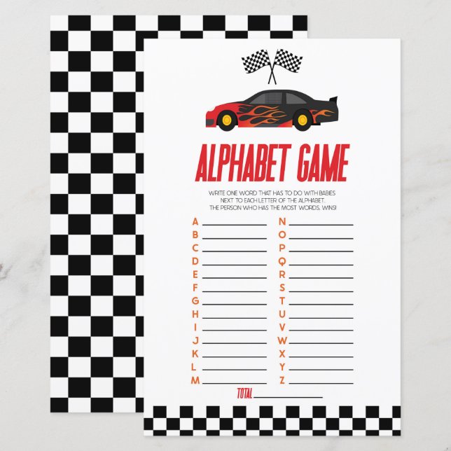 Papier Red Race Car Alphabet Baby shower Jeu (Devant / Derrière)