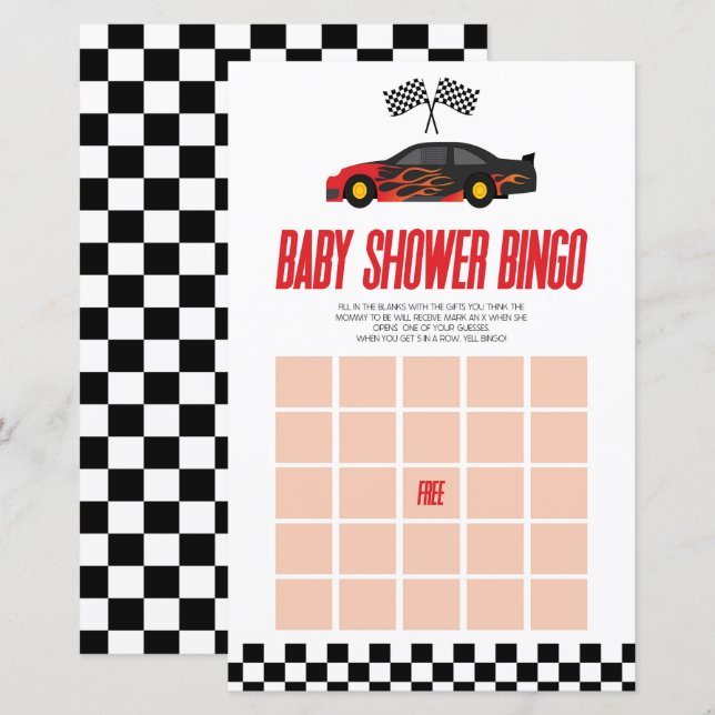 Papier Red Race Car Bingo Baby shower Jeu (Devant / Derrière)
