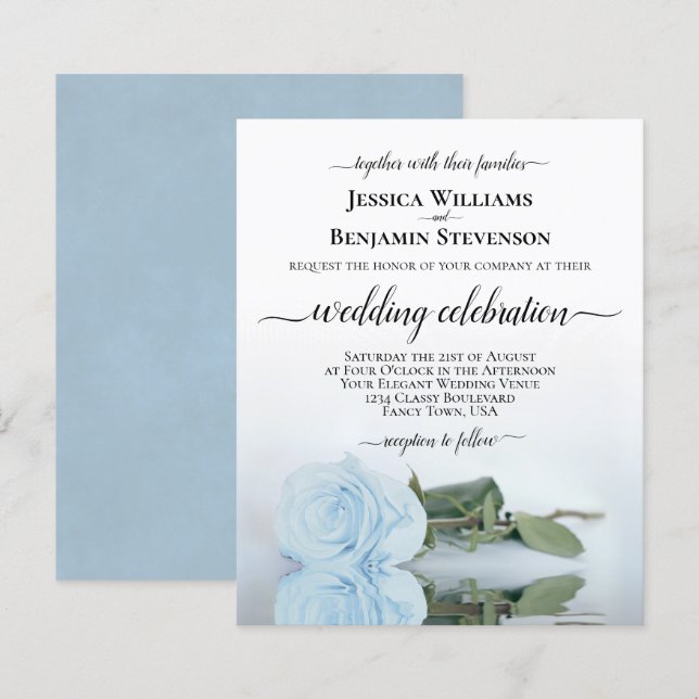 Papier Reflet Dusty Blue Rose BUDGET de mariage Invitatio (Devant / Derrière)