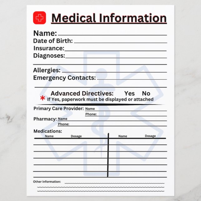Papier Réfrigérateur d'urgence d'information Médicale (Devant)