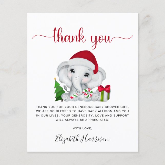 Papier Remerciement pour Baby Shower Santa Éléphant Noël  (Devant)