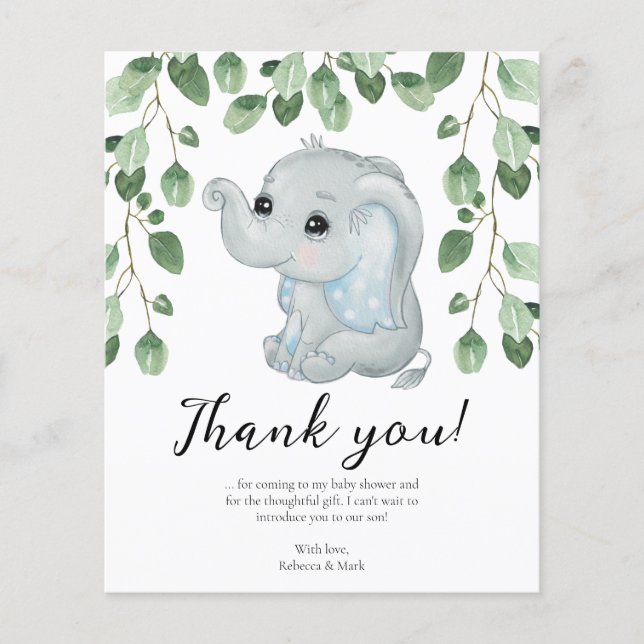 Papier Remerciements pour la Baby Shower Éléphant Bleu Eu (Devant)