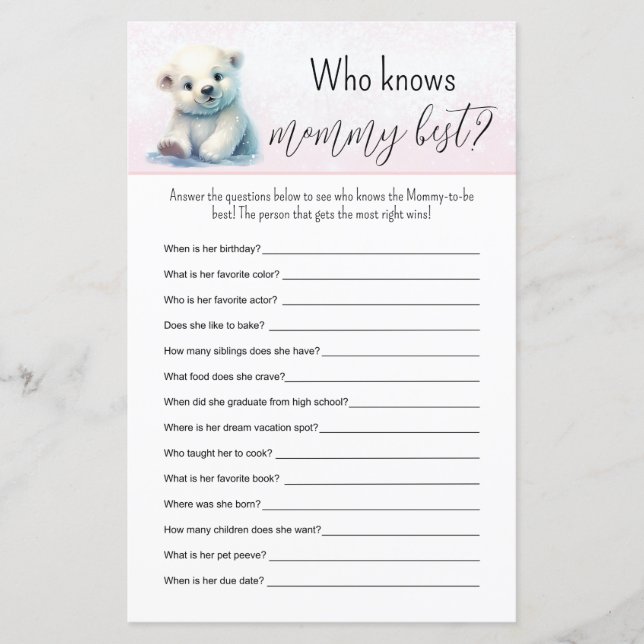 Papier Remplir dans le jeu de Baby shower d'hiver rose Bl (Devant)