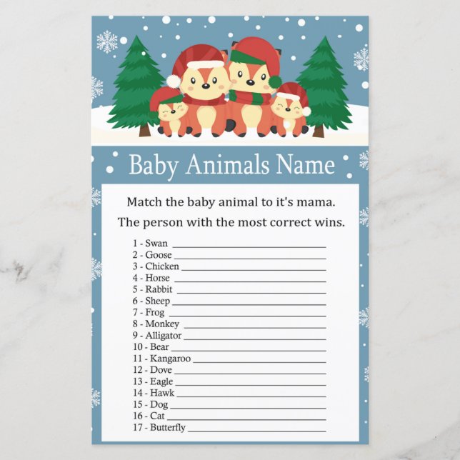 Papier Renard d'hiver Bébé Animaux Nom baby shower de jeu (Devant)