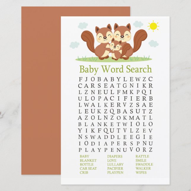 Papier Renard endormi Baby shower Word Search Jeu (Devant / Derrière)