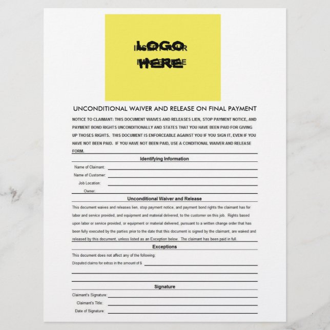 Papier Renonciation inconditionnelle et libération finale (Devant)