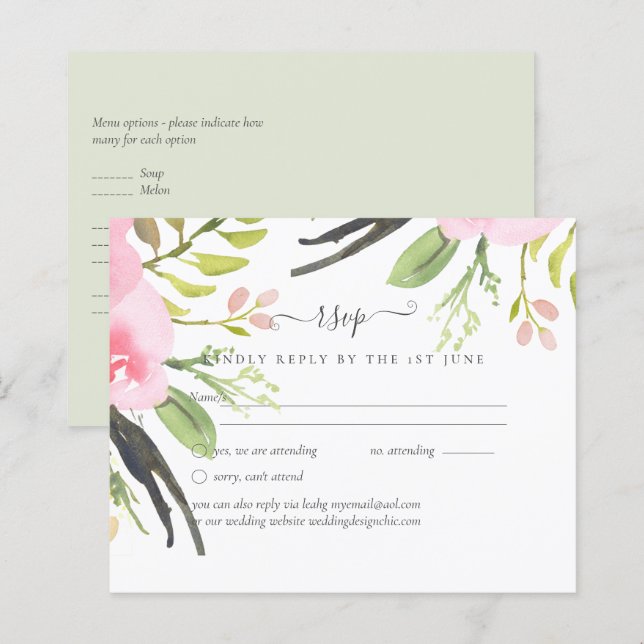 Papier Réponse de mariage Olive Blush Rose (Devant / Derrière)