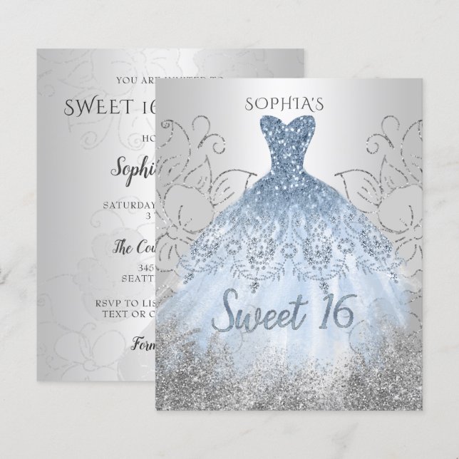 Papier Robe argentée poudrée bleu budget Invitation Sweet (Devant / Derrière)
