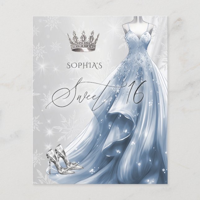 Papier Robe Bleue Dusty Snowflakes Sweet 16 Invitation (Devant)
