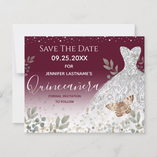 Papier Robe d'argent Quinceanera Floral Enregistrer la da (Devant)