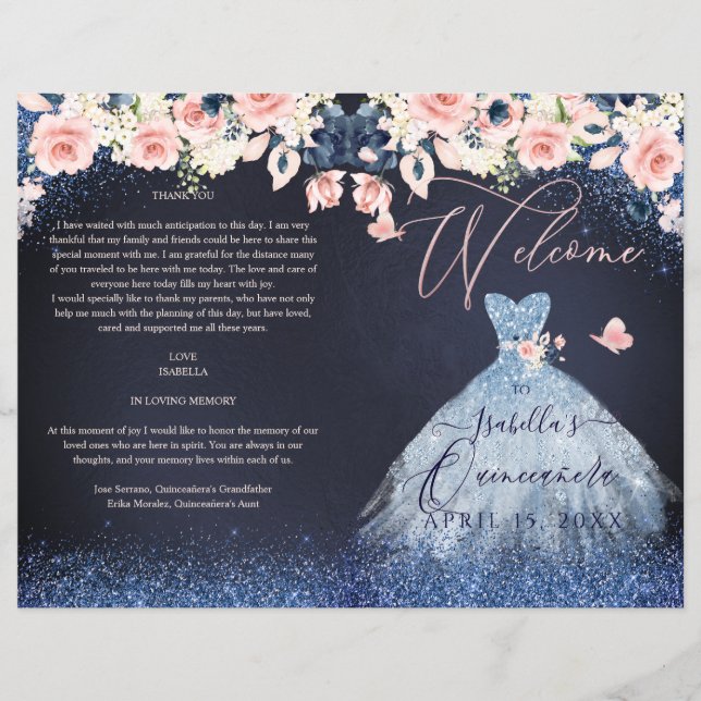 Papier Robe de Quinceanera Blush Floral Paillettes Navy (Devant)