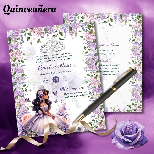 Papier Robe de Quinceanera en or violet Roses floraux (Créateur téléchargé)