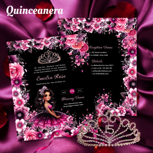 Papier Robe de Quinceanera rose Magenta Floral (Créateur téléchargé)