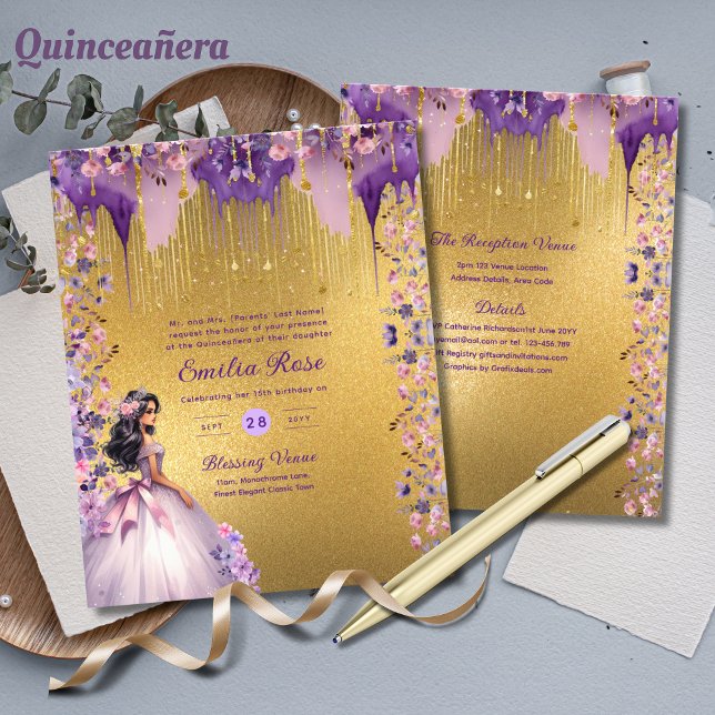 Papier Robe de Quinceanera scintillante or et violet avec (Créateur téléchargé)