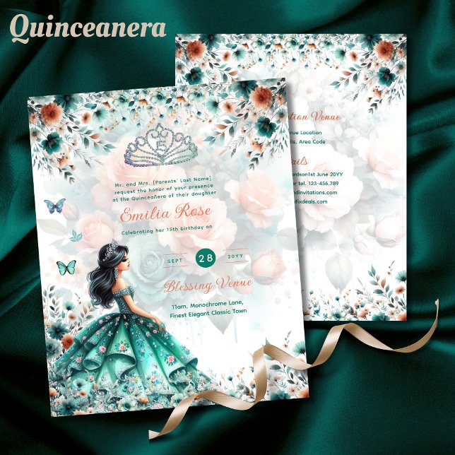 Papier Robe de Quinceanera Vert Turquoise Papillon Floral (Créateur téléchargé)