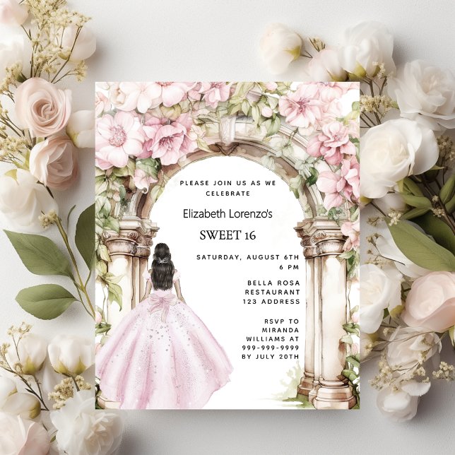 Papier Robe en arc de fleurs roses Sweet 16 invitation (Créateur téléchargé)