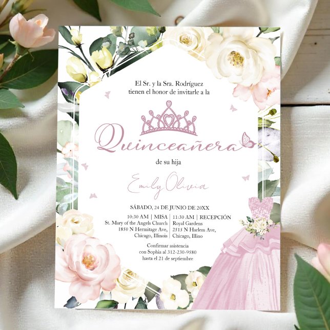 Papier Robe rose Floral Quinceañera Espagnol Invitation (Créateur téléchargé)