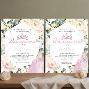 Papier Robe rose Floral Quinceañera Invitation bilingue