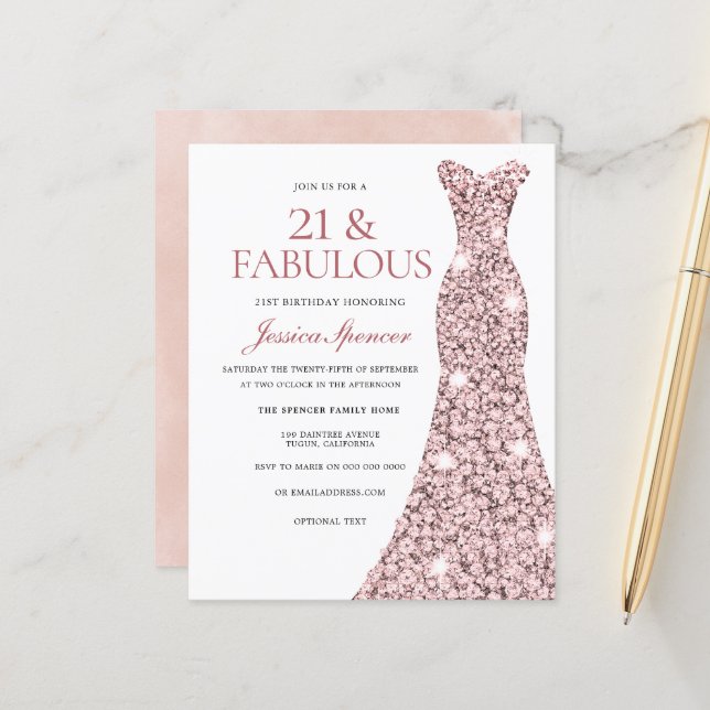 Papier Robe rose Gold Blush 21e Anniversaire Invitation b (Devant/Arrière en situation)