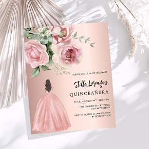 Papier Robe rose or rose floral Quinceanera invitation