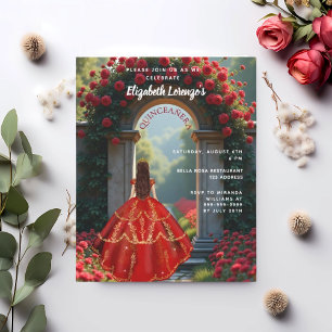 Papier Robe rouge arche rose Quinceanera invitation
