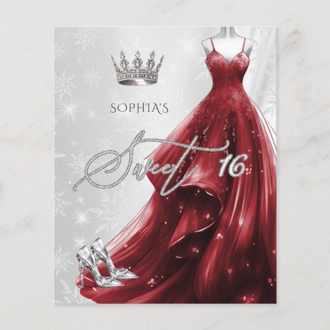 Papier Robe rouge Bourgogne Snowflakes Sweet 16 Invitatio (Devant)