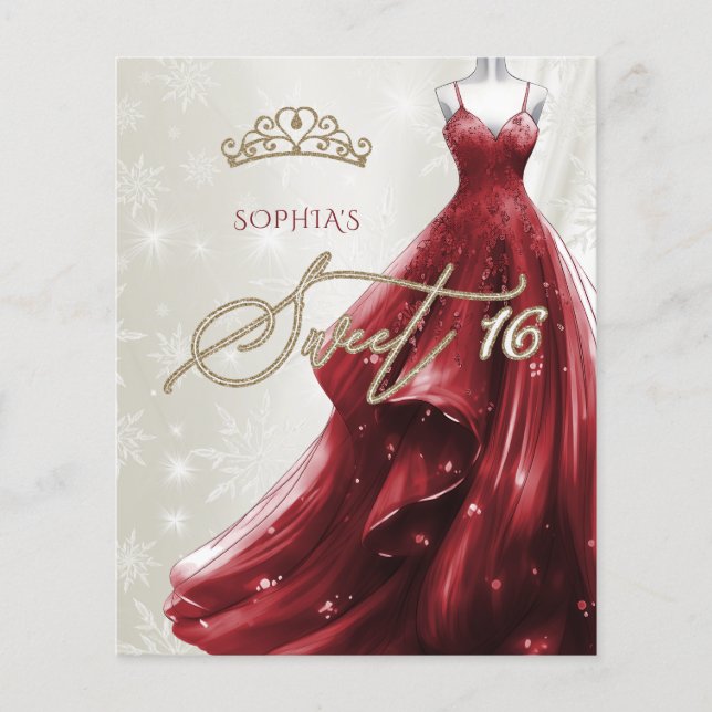 Papier Robe rouge Bourgogne Snowflakes Sweet 16 Invitatio (Devant)