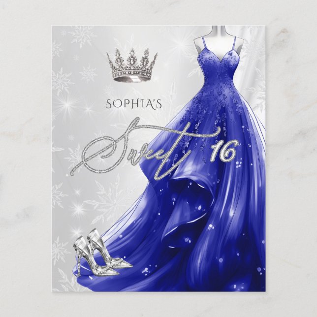 Papier Robe Royale Bleue Snowflakes Sweet 16 Invitation (Devant)