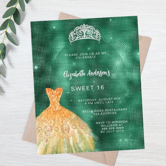 Papier Robe vert émeraude or tiara Sweet 16 invitation (Créateur téléchargé)