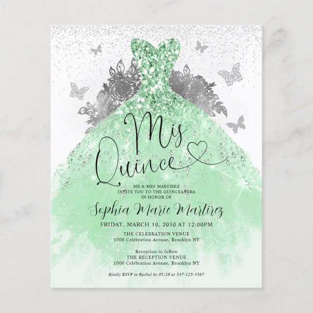 Papier Robe verte sauge de budget Mis Quince Quinceañera (Devant)