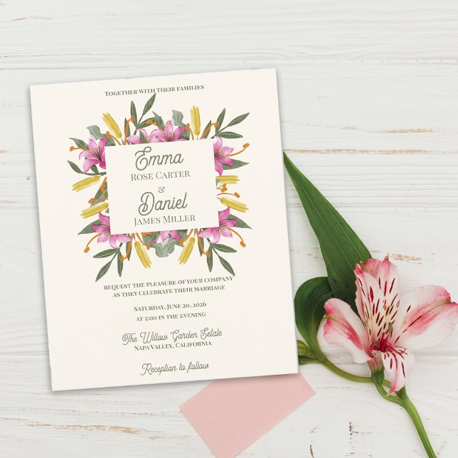 Papier Romantic Blush Pink Lily Botanical Wedding Invite (Blush Pink Lily Botanical Wedding Invitation Flat Card | Romantic Watercolor Floral Garden Wedding )