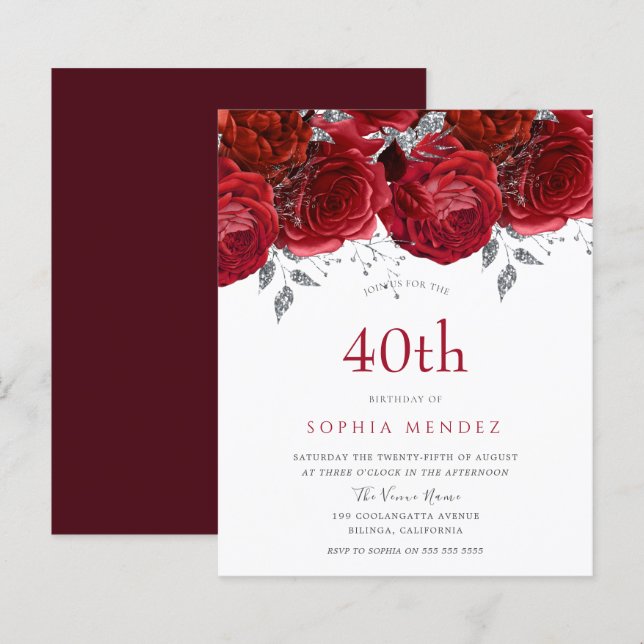 Papier Romantique Roses Rouges Argent 40e anniversaire In (Devant / Derrière)