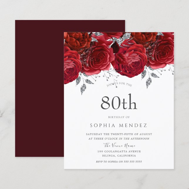Papier Romantique Roses Rouges Argent 80e anniversaire In (Devant / Derrière)