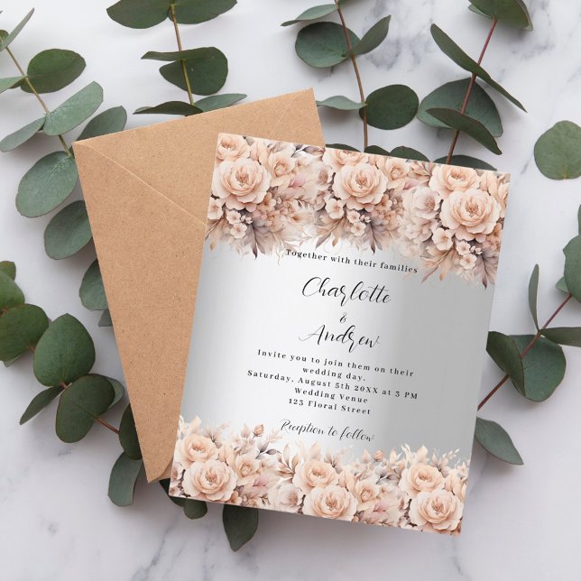 Papier Rose argent or floral élégante invitation mariage (Créateur téléchargé)