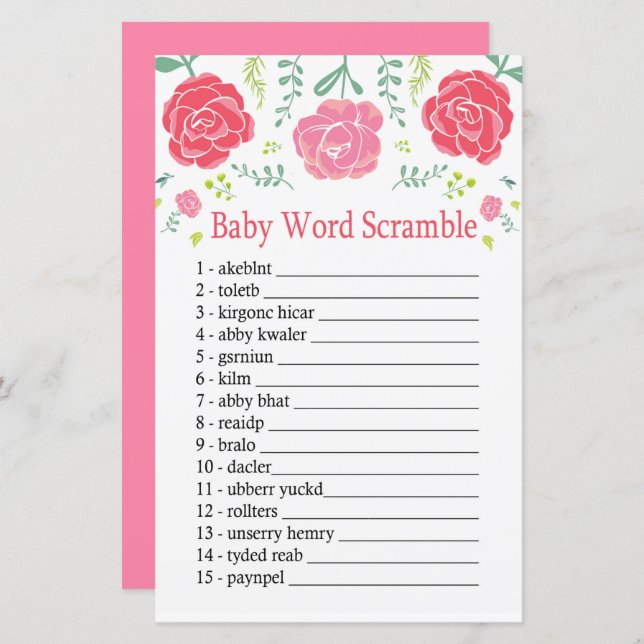 Papier Rose Baby mot scramble jeu (Devant / Derrière)