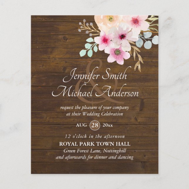 Papier Rose Blush Floral Greenery Mariage Invite BUDGET (Devant)