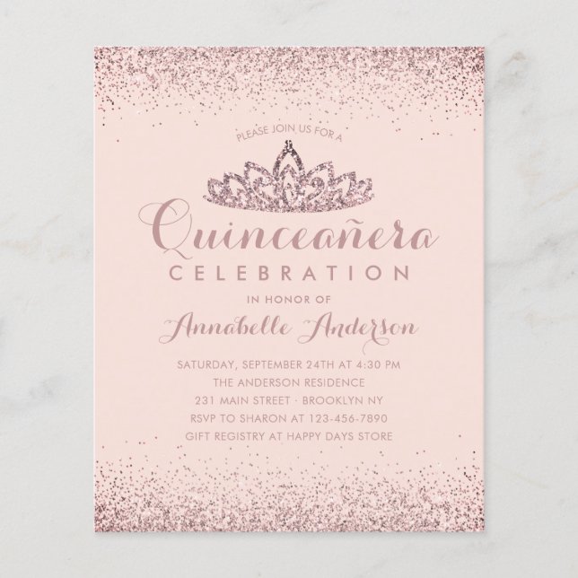 Papier Rose Budget Gold Blush Quinceañera Tiara Invitatio (Devant)