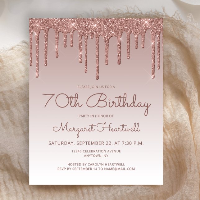 Papier Rose Budget Gold Glam 70e anniversaire Invitation  (Créateur téléchargé)