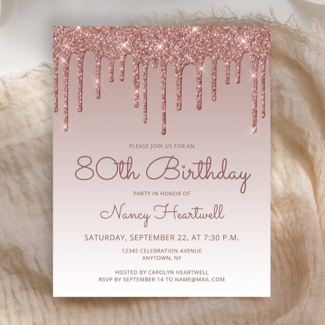 Papier Rose Budget Gold Glam 80e anniversaire Invitation  (Créateur téléchargé)