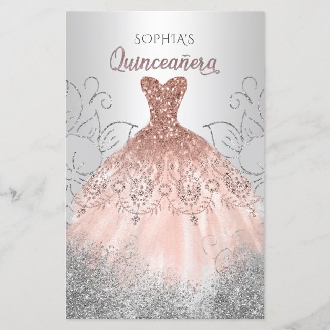 Papier Rose Budget Or Robe Étincelle Quinceañera Invitati (Devant)