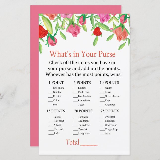 Papier Rose Ce qui est dans votre jeu de bourse (Devant / Derrière)