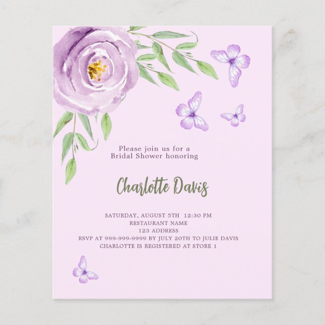 Papier Rose de papillons violet Douche nuptiale invitatio (Devant)