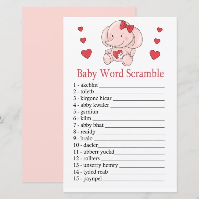 Papier Rose éléphant Baby jeu de brouillage de mot (Devant / Derrière)