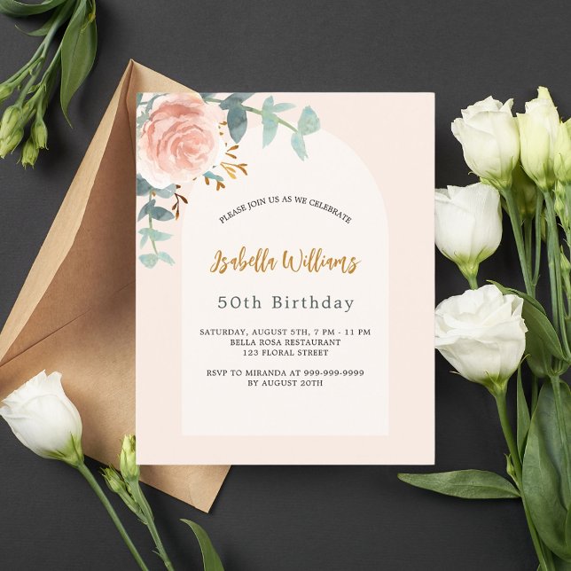 Papier Rose floral blush arch budget invitation anniversa (Créateur téléchargé)