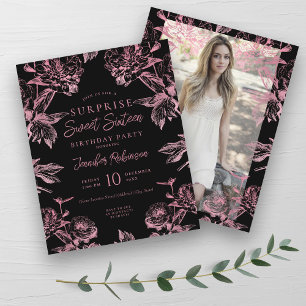 Papier Rose Gold Black Floral SURPRISE Sweet 16 Invitatio