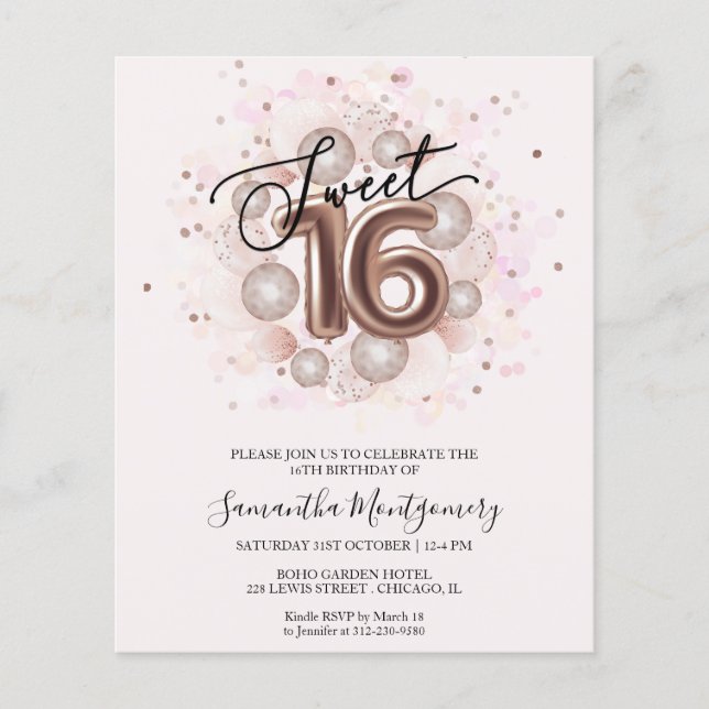 Papier Rose Gold Foil Sweet 16 Ballons Budget Invitation (Devant)