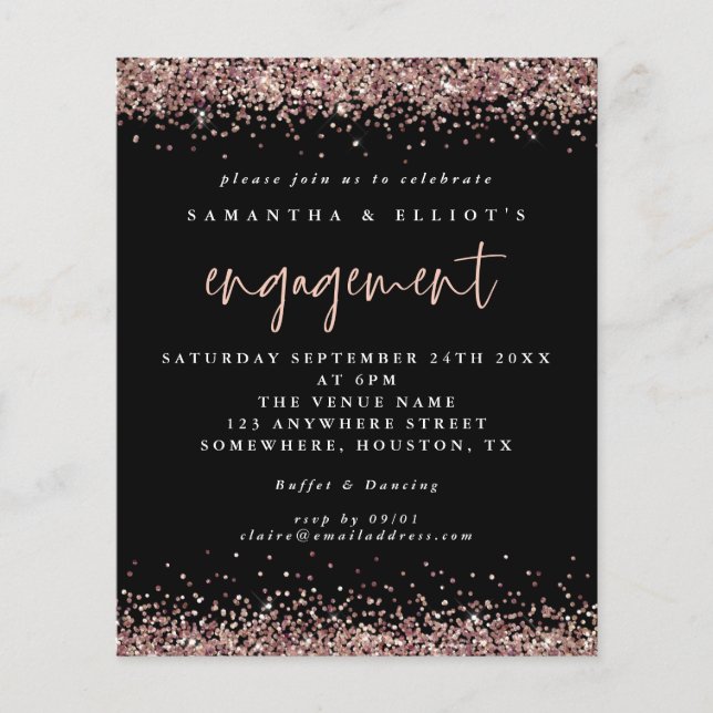 PAPIER | Rose Gold Glitzer Verlobung Black Invite (Vorne)